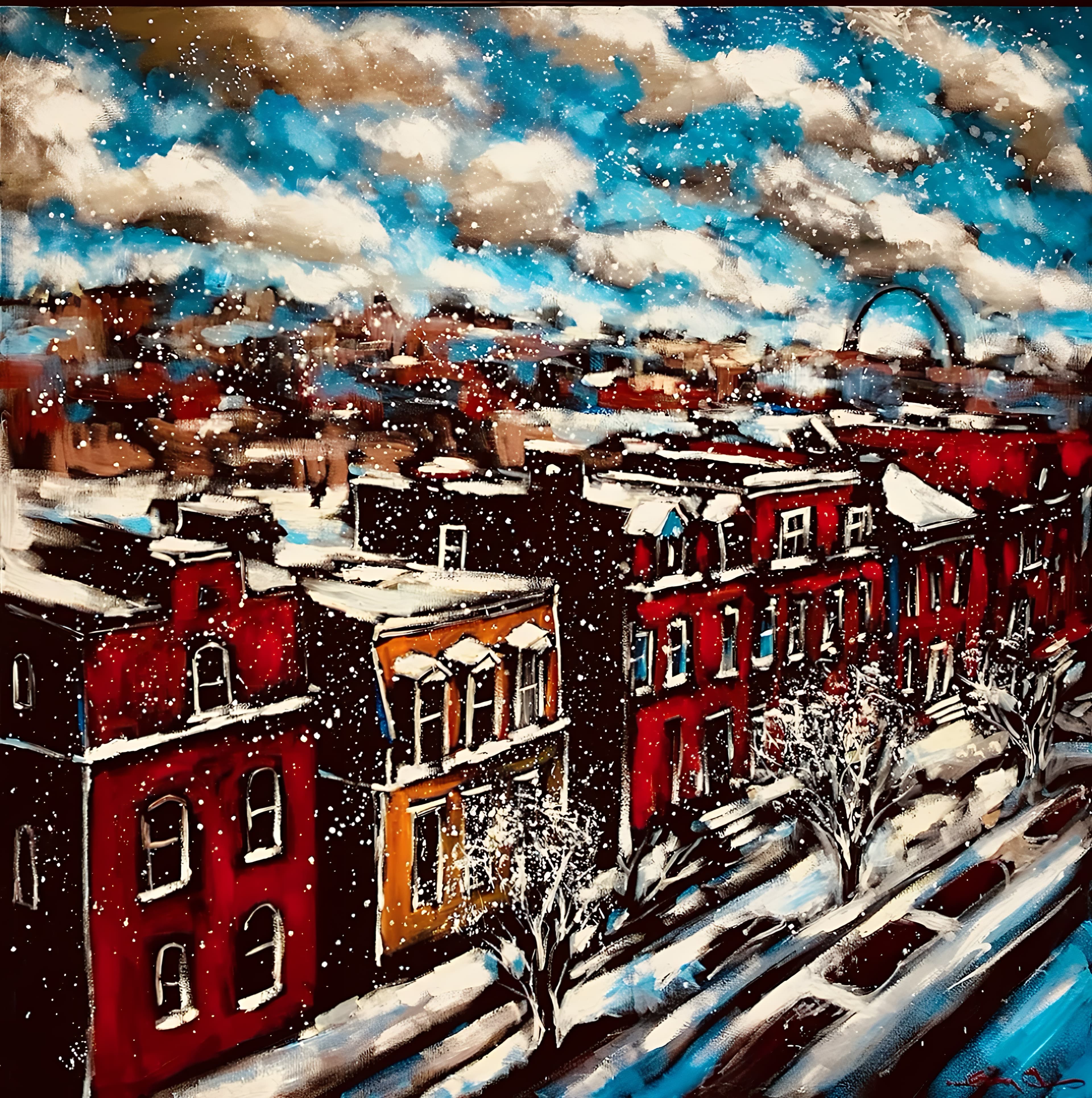 Winter Snow Over Red Brick Rowhouses