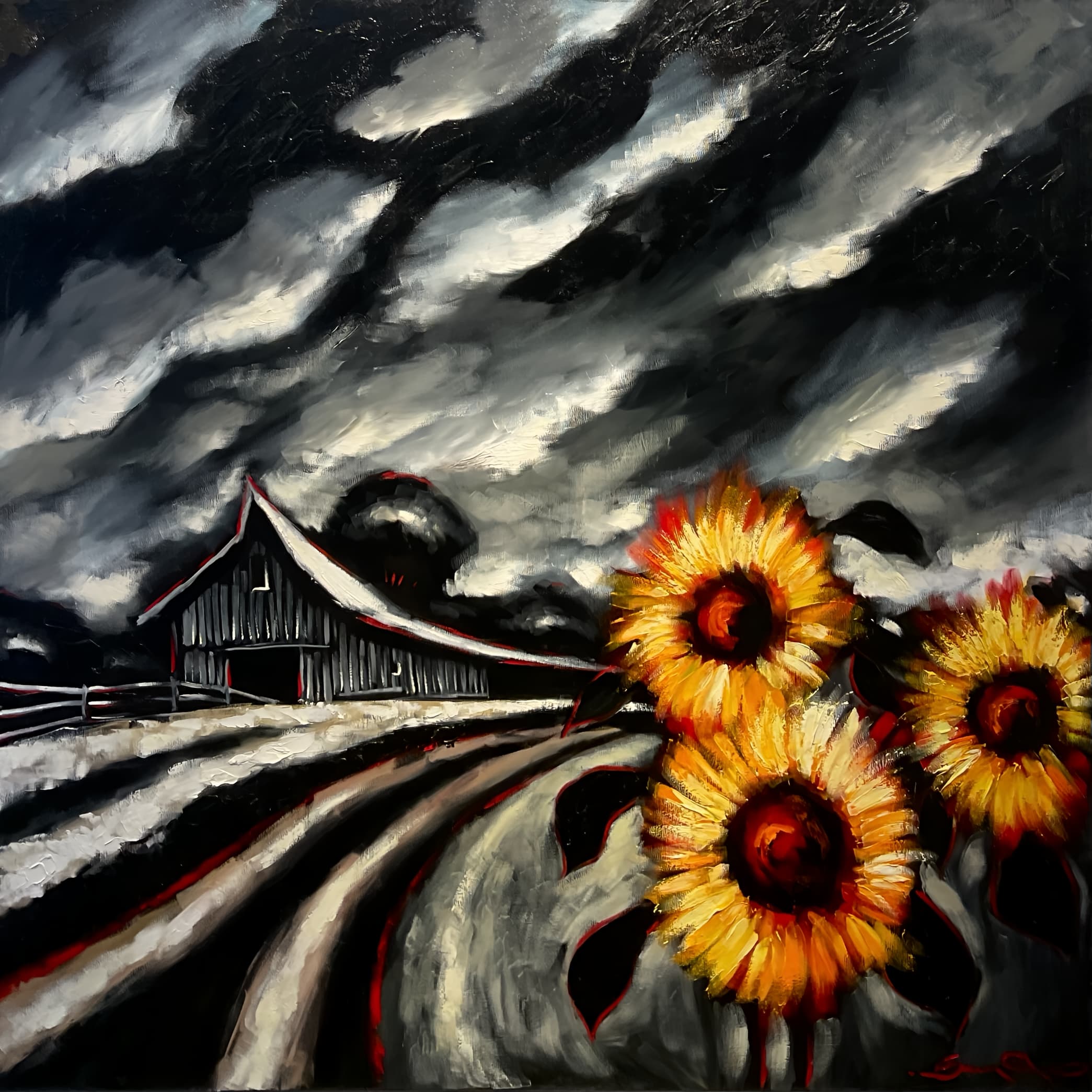 Stormy Barn with Sunflowers